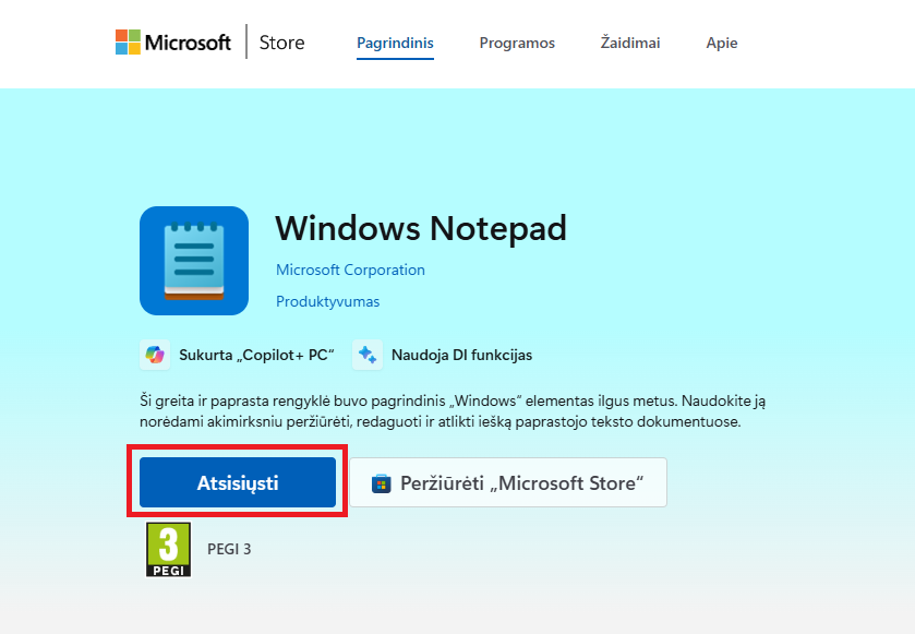 Windows Notepad installation window